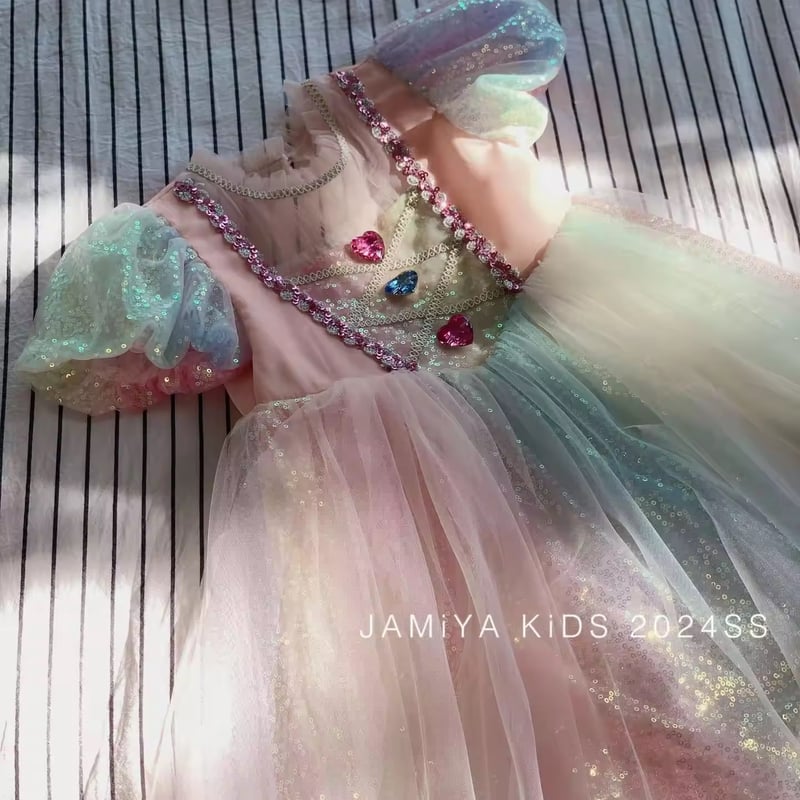 kids カラフルハートストーンレインボースパンコールプリンセスドレス