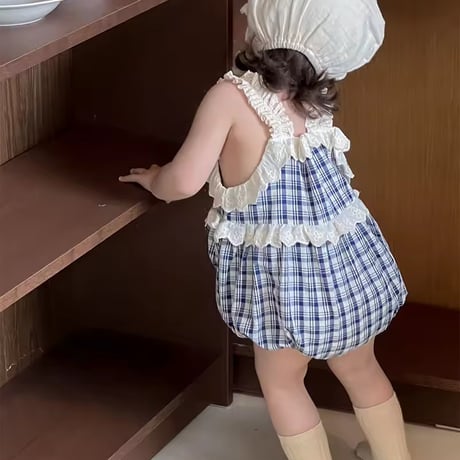 ブルーチェックコットンフリルキャミロンパース(1470)