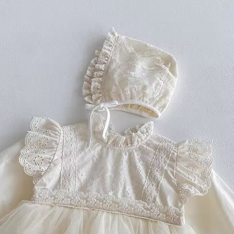 white/apricot ボンネットsetセレモニーレースドレスロンパース(983)
