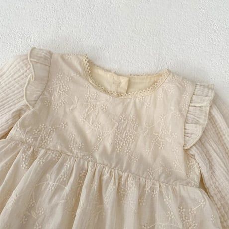 beige flower刺繍リネンスカートロンパース(4032)