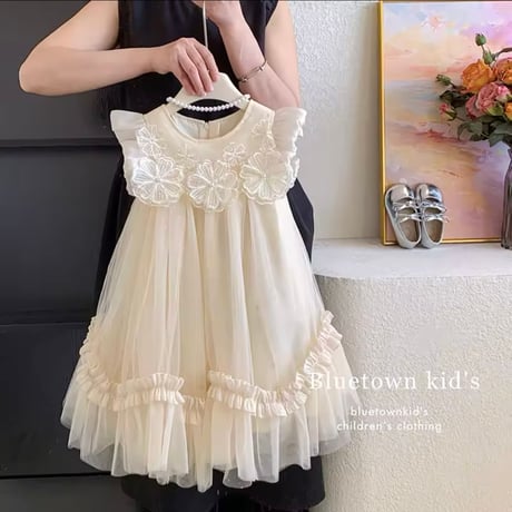 kids champagneフラワー刺繍ラインフリルドレス(1237)