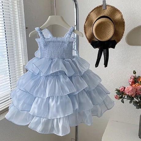 kids 4color シャーリングtripleサテンチュールバタフライドレス(3232)