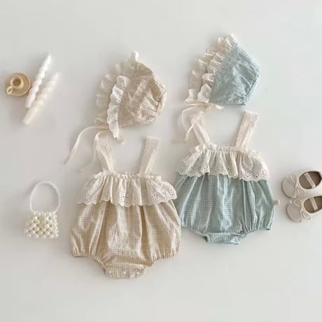 beige/blue ボンネット付きチェックキャミロンパース(1381)
