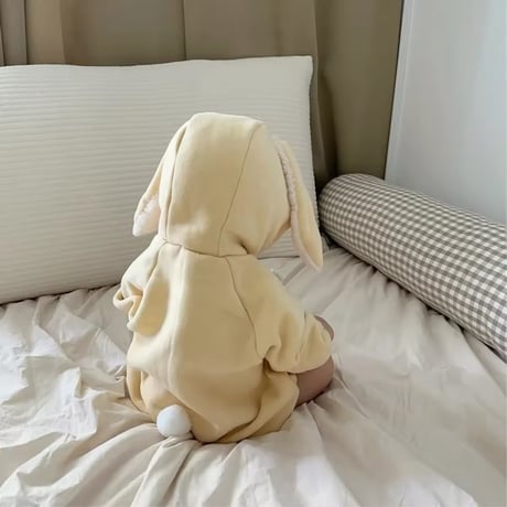 beige/yellow フリースあったかうさ耳ロンパース(820)