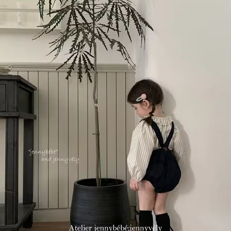 jennybebeストライプシャツ×サロペットモノトーンコーデ(700)