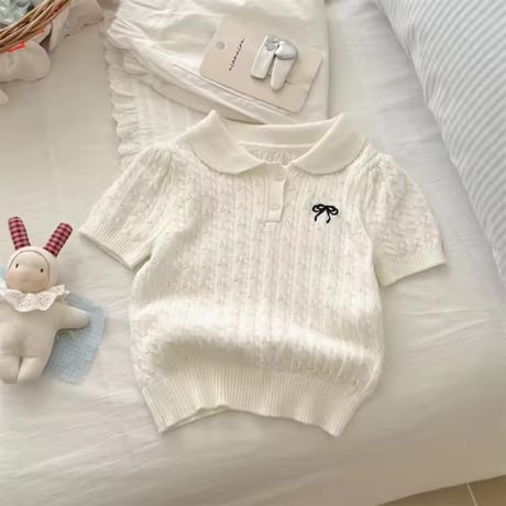 kids 3colorアイレットラウンドネック半袖サマーニットブラウス(1655)
