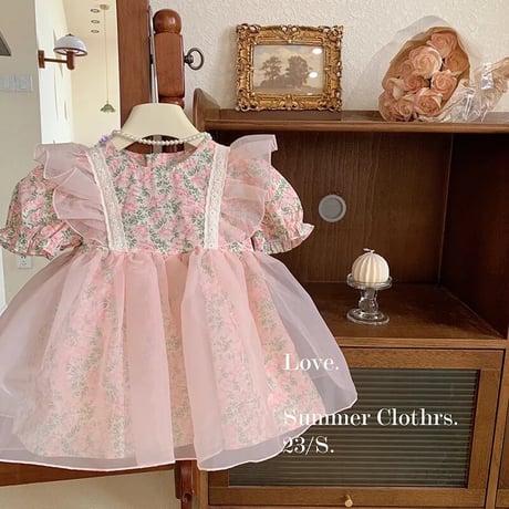 kids pinkローズショルダーフリルチュールワンピース(2776)