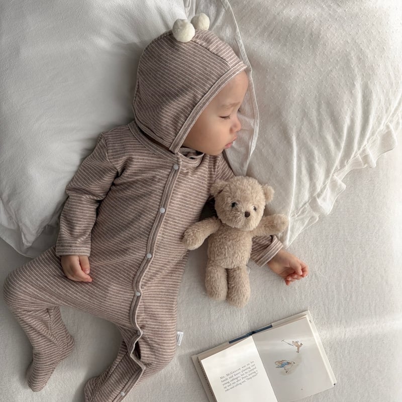 ボーダーコットン前開き足つきロンパース(1774) | こどもふく🧸mocokids