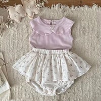 pinkリブノースリーブ×小花柄スカートブルマセットアップ(2221)