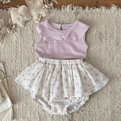 pinkリブノースリーブ×小花柄スカートブルマセットアップ(2221)