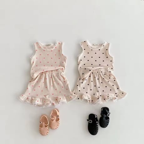 pink/black ハートプチレースタンクトップリブセットアップ(2247)