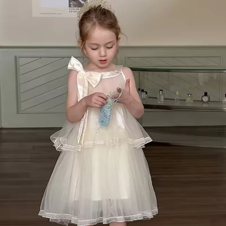 kids creamネックサイドリボンダブルチュールAラインドレス(1485)