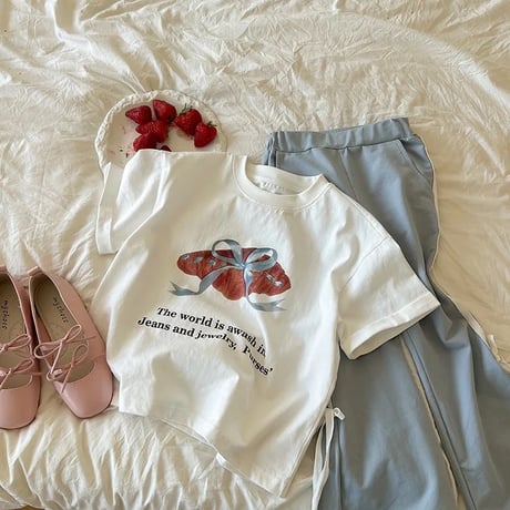 kids パステルブルーリボンブレッドtシャツ(4130)
