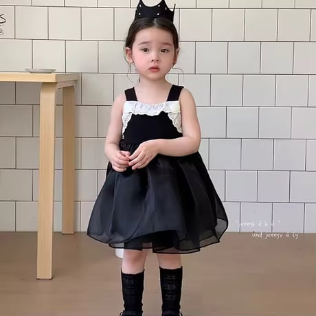 white/black 姉妹お揃いノースリーブコットンフリルシフォンワンピースorワンピース(1404)