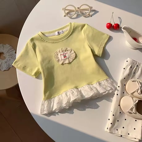 kids チェリーワッペンコットンレースペプラムトップス(2282)