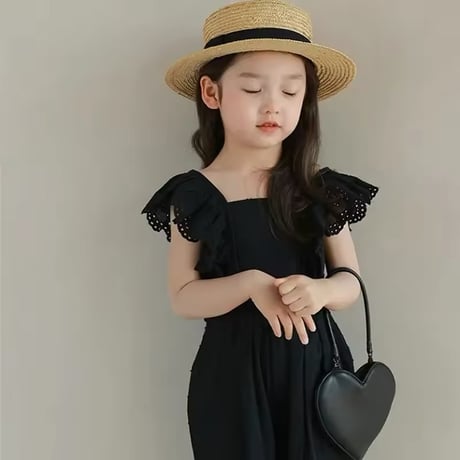 kids black/cream バックシャンショルダーコットンフリルセットアップ(1244)