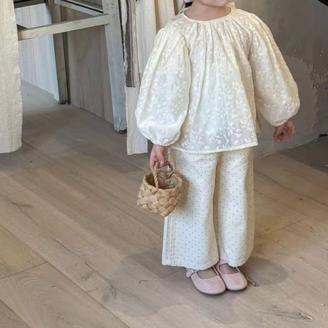 kids ぽわん袖バックリボンエンブロイダリーブラウス×ミニドットワイドパンツ(1106)