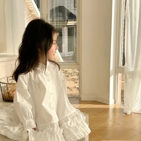 kids white / sky blueギャザーフリルシャツワンピース(3998)