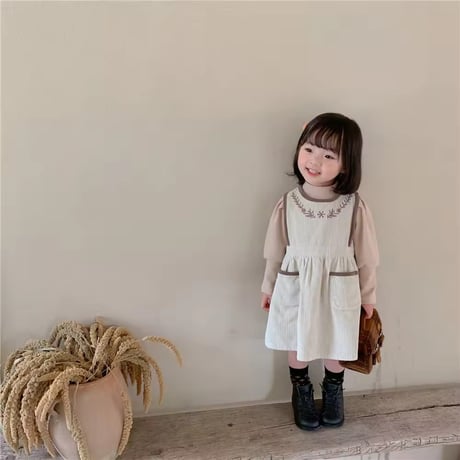 beige/brownバイカラーコーデュロイ刺繍ジャンパースカートorパフスリーブトップス(1360)