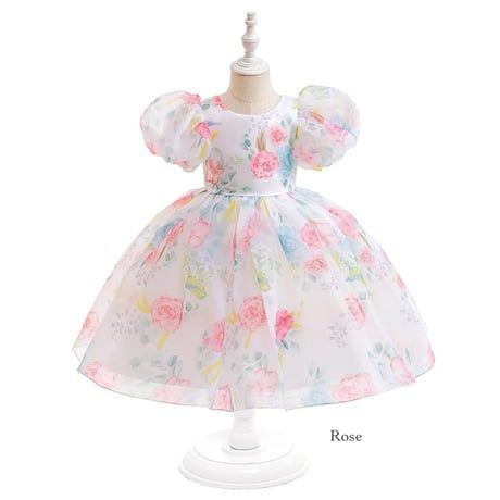 即納あり◆kids 4color Flower budsバックシャンパフスリーブシフォンドレス(547)