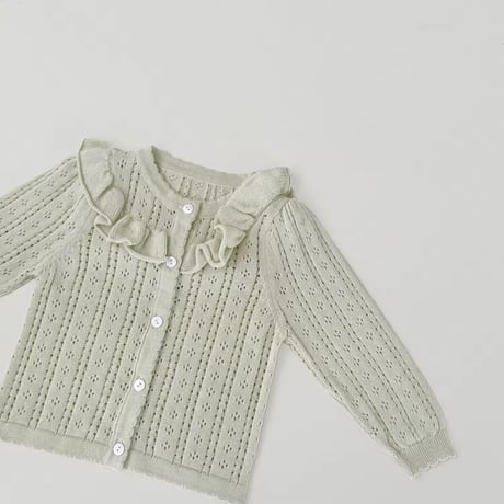 momo pastel green×beigeアイレットフリルニットカーディガン(1017)