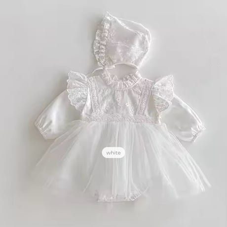 white/apricot ボンネットsetセレモニーレースドレスロンパース(983)