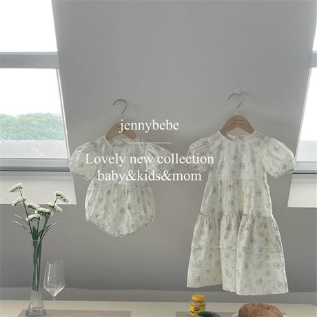 jennybebe 姉妹お揃いblue×yellowブーケパフスリーブロンパースorワンピース(2722)