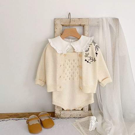 アイボリー刺繍ニットカーディガンorアイレットニットサロペット(2469)