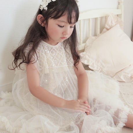 kids スクエアネックビジュー×スパンコールドレス(370)