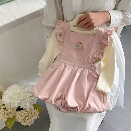 kids 桃色ネコサロペット×メロートップスコーデ(1025)