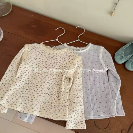 kids beige×blue小花柄トップス(1034)
