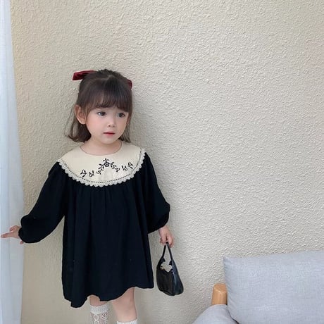 kids 刺繍襟ぽわん袖Aラインワンピース(2385)
