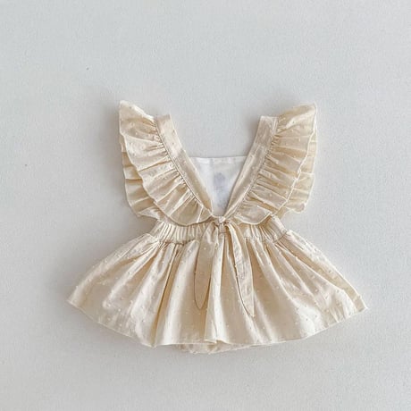 ドットミニヨン×ストライプ柄フラワー刺繍Shoulder frillsスカートロンパース(4096)