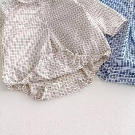 beige/blue ガンクラブチェックシャツロンパース(2135)