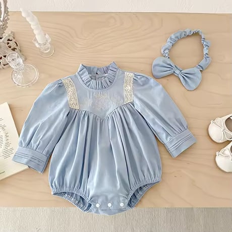 姉妹お揃いブルーVウエストロンパースorワンピース(955)