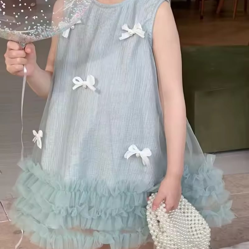 kids Aラインブルーグリーンリボンドレス(1992) | こどもふく