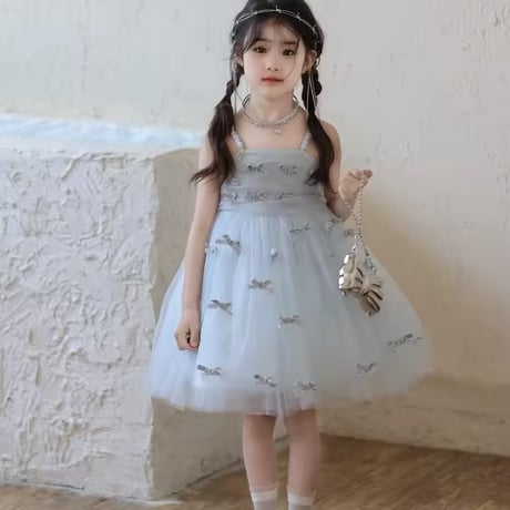 kids ライトブルーベロアリボンロングドレス(1630)