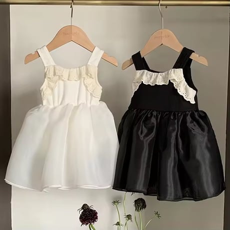 white/black 姉妹お揃いノースリーブコットンフリルシフォンワンピースorワンピース(1404)