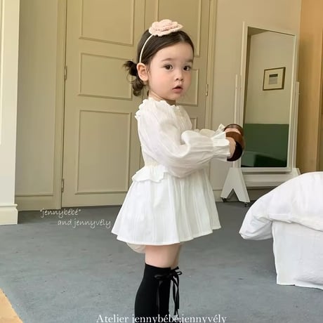 jennybebe姉妹お揃いホワイトシャーリングロンパースorワンピース(741)