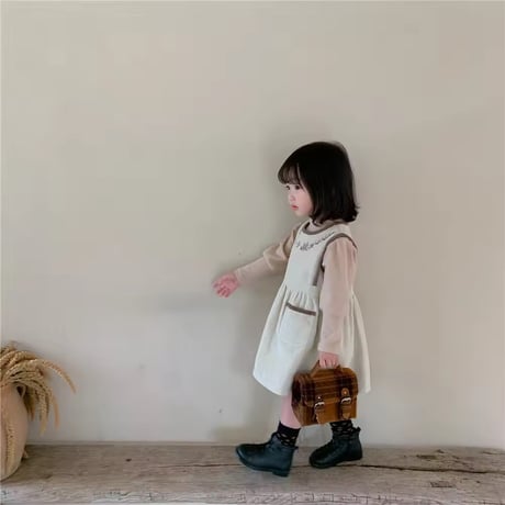 beige/brownバイカラーコーデュロイ刺繍ジャンパースカートorパフスリーブトップス(1360)