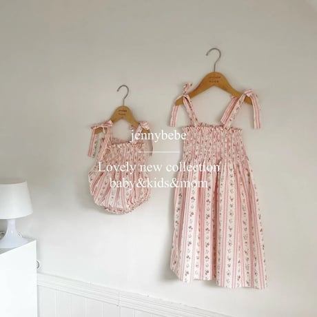 jennybebe ショルダーリボンストライプフローラルロンパースorワンピース(3107)