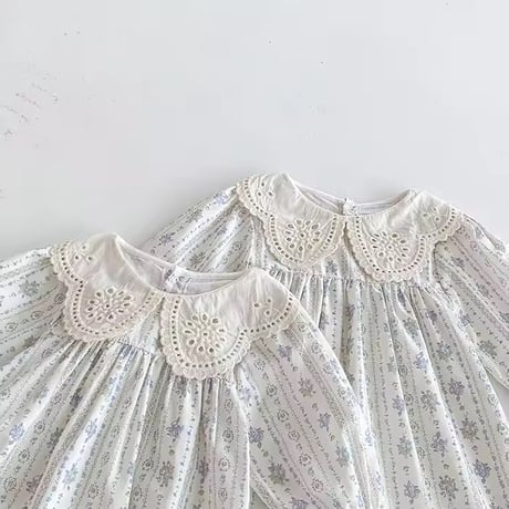 姉妹お揃いコットンレースcollarパールブルーフラワーロンパースorワンピース(962)