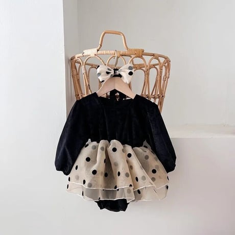 ヘアリボン付きコーデュロイチュールドットスカートロンパース(3329)