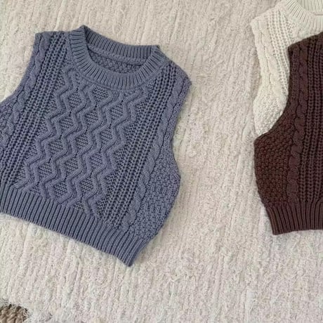 brown/ivory/blue ケーブルニットベスト(1418)