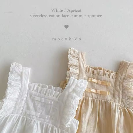 white×apricot ノースリーブコットンレースsummerロンパース(1121)
