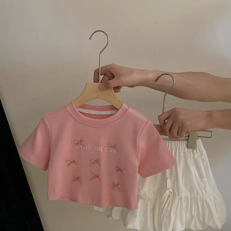 kids プチリボンピンクtシャツ or リボンバルーンキュロット(4129)