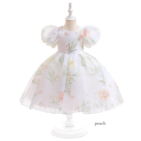 即納あり◆kids 4color Flower budsバックシャンパフスリーブシフォンドレス(547)