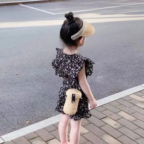 kids リボン付きブラック花柄ショルダーフリルセットアップ(3058)