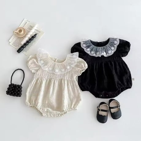 beige×black confetti laceパフスリーブロンパース(1102)