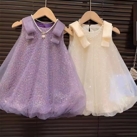 kids 4colorスパンコールショルダーリボンバルーンドレス(1330)
